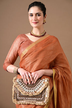Handwoven Copper Peach  Tissue Linen Saree – Bhasha Bharat