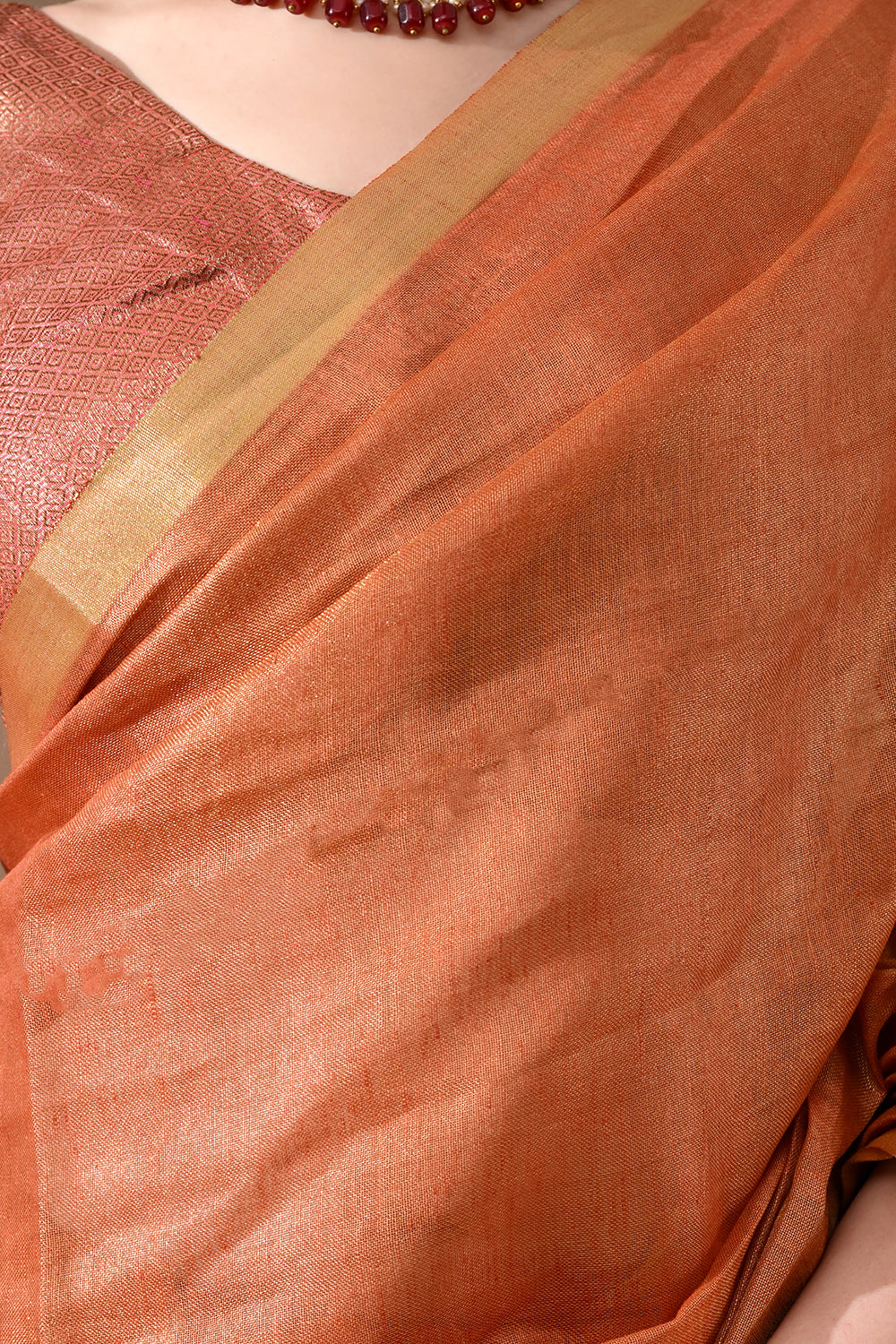Handwoven Copper Peach  Tissue Linen Saree – Bhasha Bharat