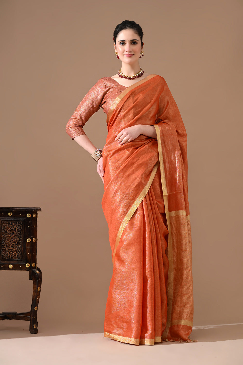 Handwoven Burnt Orange Linen Tissue Saree – Bhasha Bharat