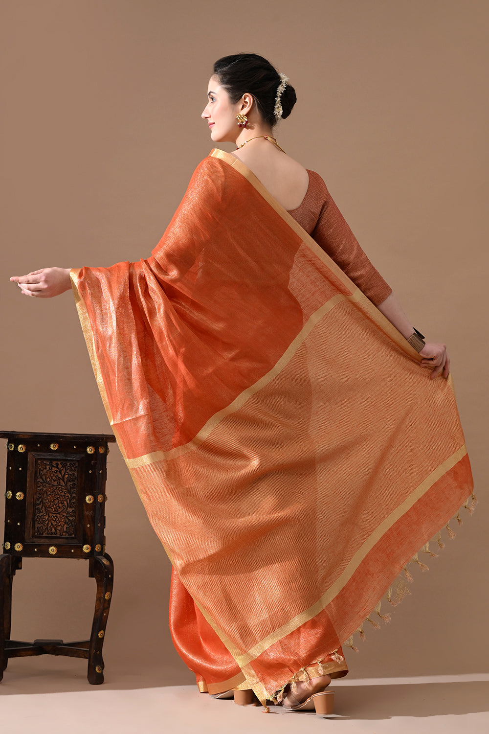 Handwoven Burnt Orange Linen Tissue Saree – Bhasha Bharat