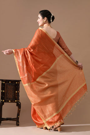 Handwoven Burnt Orange Linen Tissue Saree – Bhasha Bharat