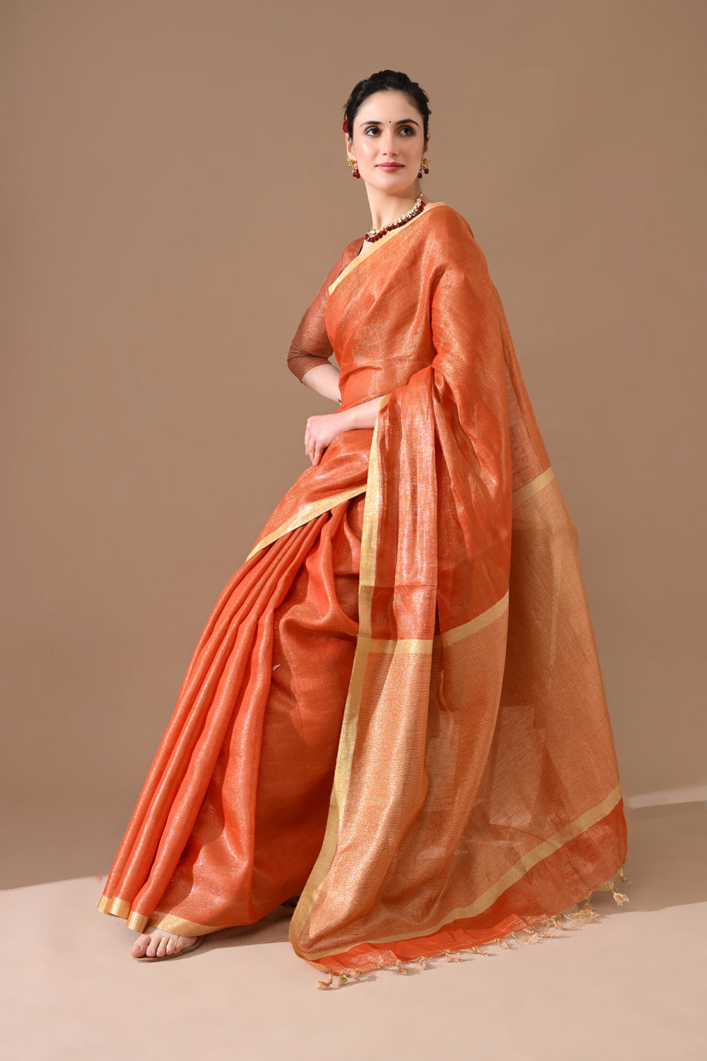 Handwoven Burnt Orange Linen Tissue Saree – Bhasha Bharat