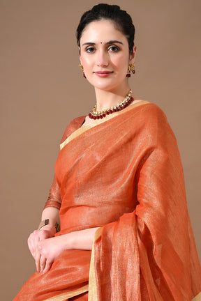 Handwoven Burnt Orange Linen Tissue Saree – Bhasha Bharat