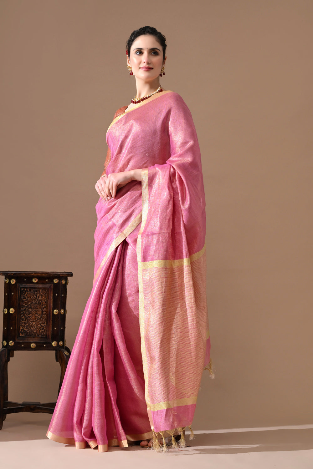 Handwoven Rose Pink Tissue Linen Saree – Bhasha Bharat