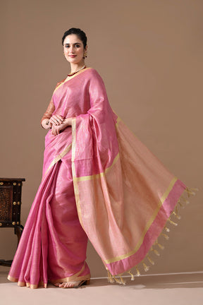 Handwoven Rose Pink Tissue Linen Saree – Bhasha Bharat