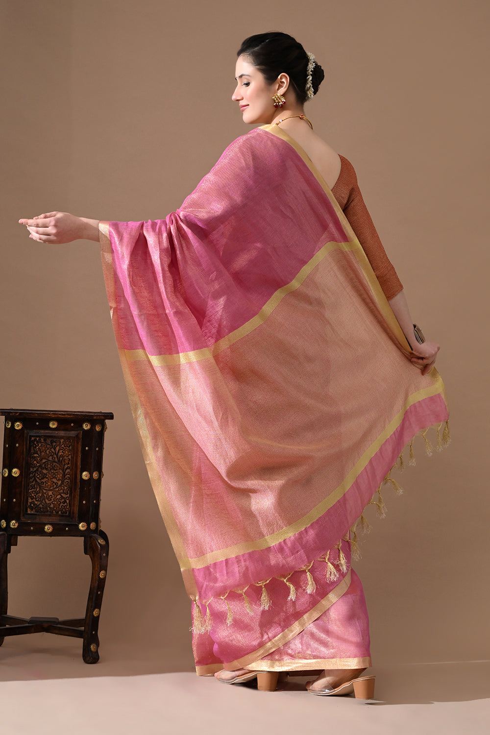 Handwoven Rose Pink Tissue Linen Saree – Bhasha Bharat