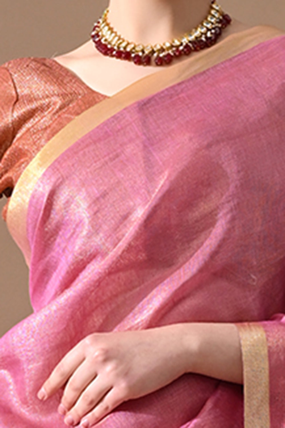 Handwoven Rose Pink Tissue Linen Saree – Bhasha Bharat