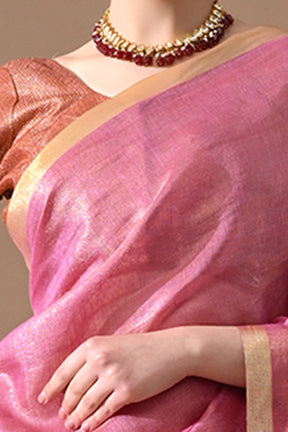Handwoven Rose Pink Tissue Linen Saree – Bhasha Bharat