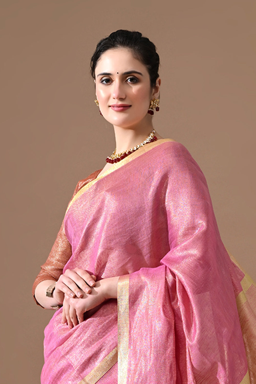 Handwoven Rose Pink Tissue Linen Saree – Bhasha Bharat