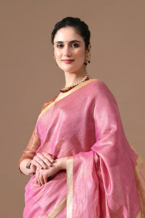 Handwoven Rose Pink Tissue Linen Saree – Bhasha Bharat