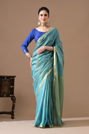 Handwoven Aqua Blue Tissue Linen Saree – Bhasha Bharat