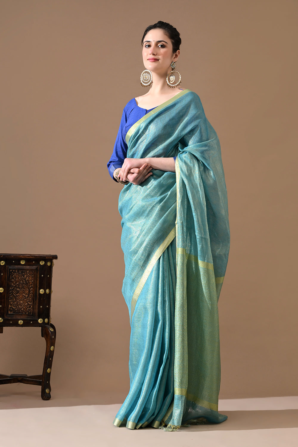 Handwoven Aqua Blue Tissue Linen Saree – Bhasha Bharat