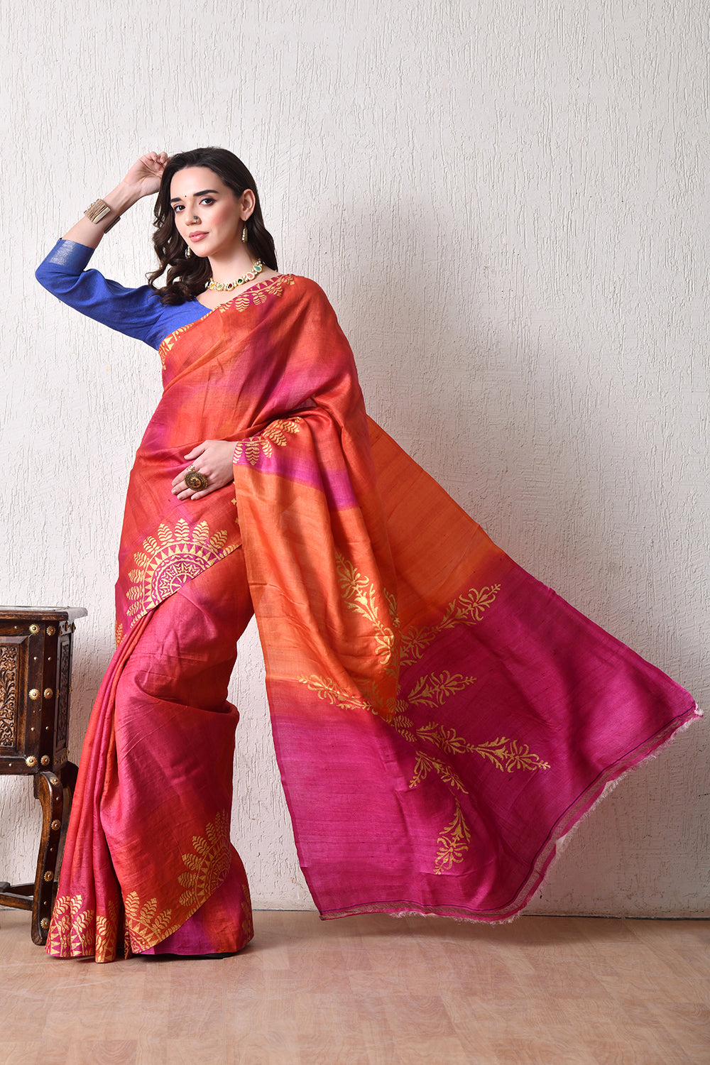 Handcrafted Hand-Painted Tussar Silk Saree – Bhasha Bharat