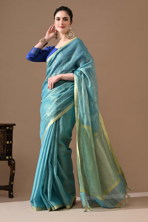 Handwoven Aqua Blue Tissue Linen Saree – Bhasha Bharat