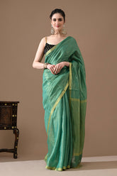 Handwoven Sea Green Tissue  Linen Saree – Bhasha Bharat