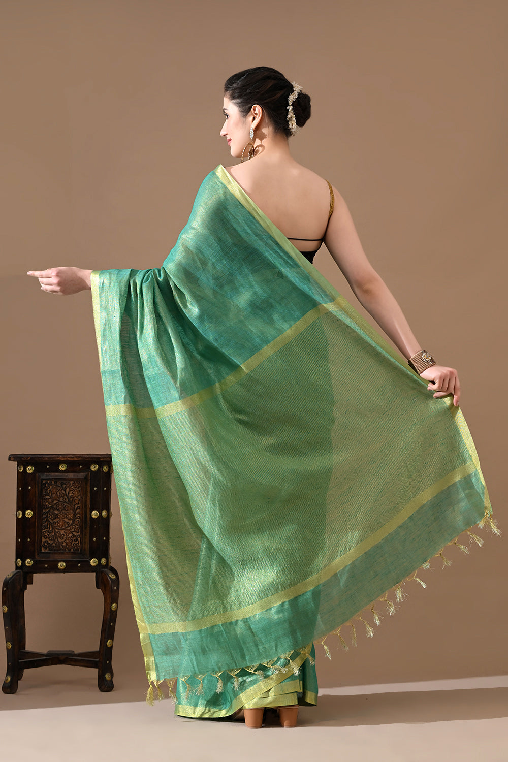 Handwoven Sea Green Tissue  Linen Saree – Bhasha Bharat