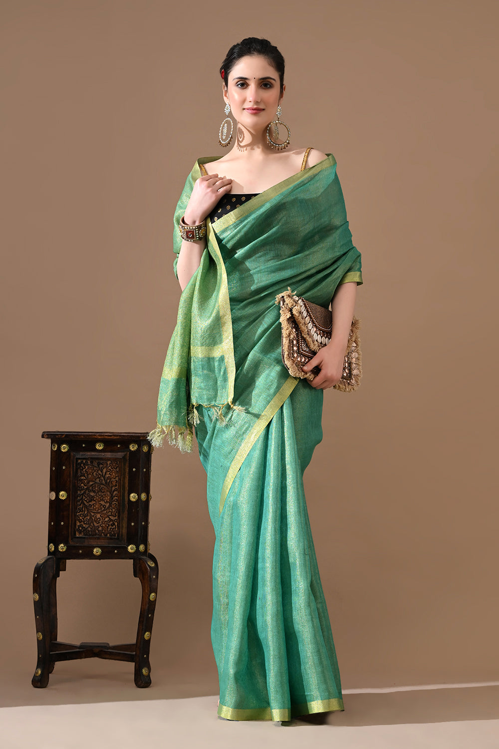 Handwoven Sea Green Tissue  Linen Saree – Bhasha Bharat