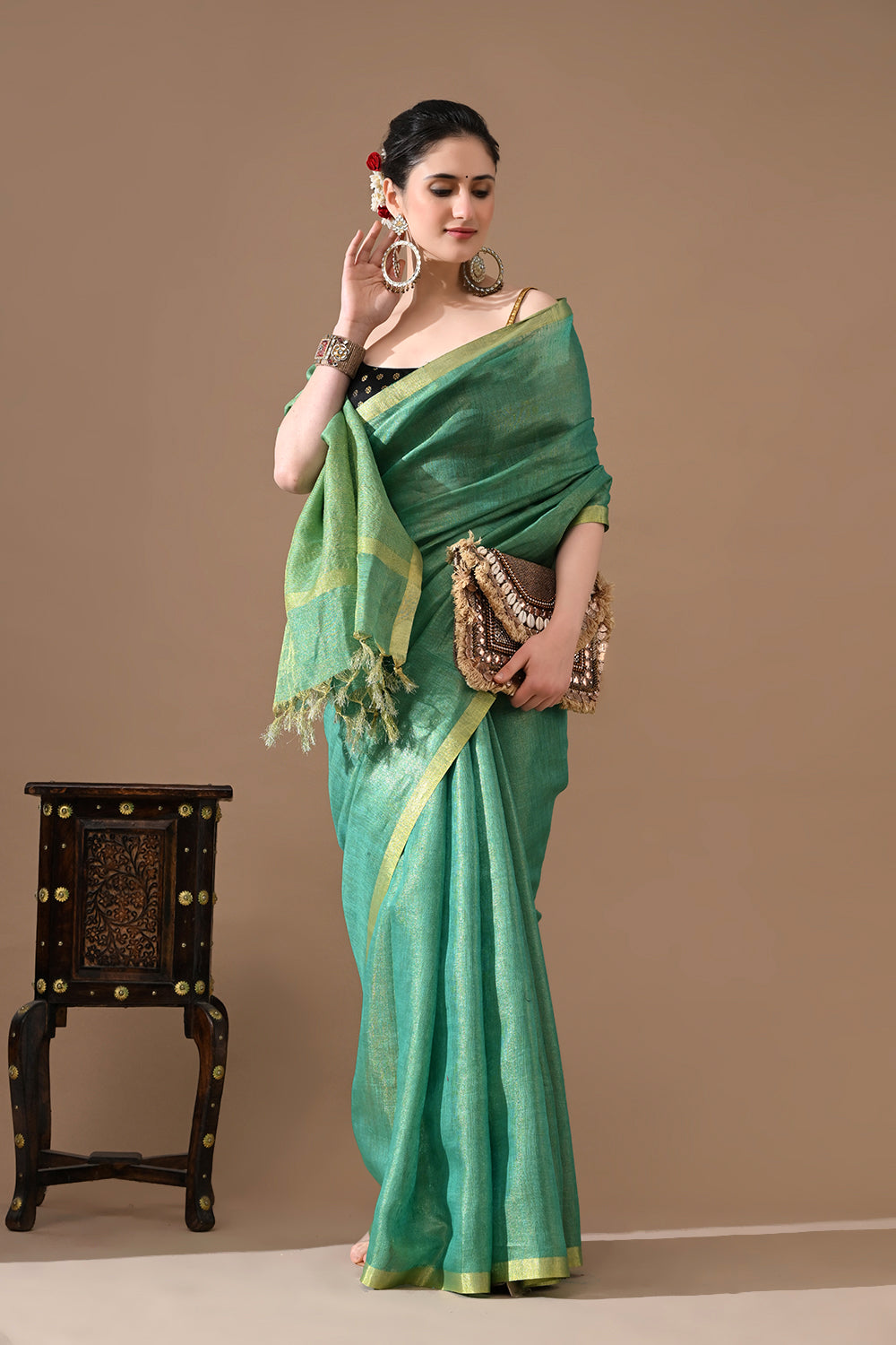 Handwoven Sea Green Tissue  Linen Saree – Bhasha Bharat