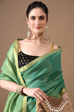 Handwoven Sea Green Tissue  Linen Saree – Bhasha Bharat