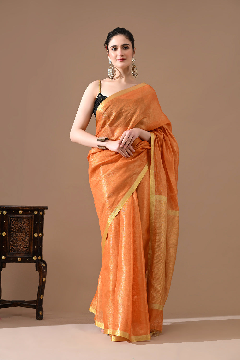 Handwoven Sunset Orange Tissue Linen Saree – Bhasha Bharat
