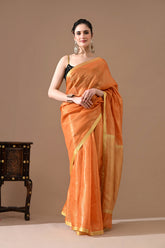 Handwoven Sunset Orange Tissue Linen Saree – Bhasha Bharat