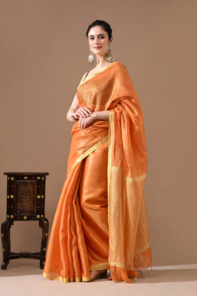 Handwoven Sunset Orange Tissue Linen Saree – Bhasha Bharat