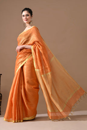 Handwoven Sunset Orange Tissue Linen Saree – Bhasha Bharat