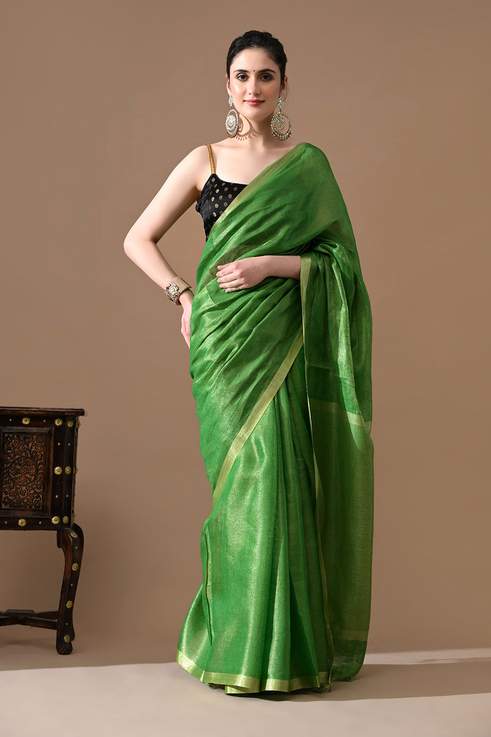 Handwoven Leaf Green Tissue Linen Saree – Bhasha Bharat