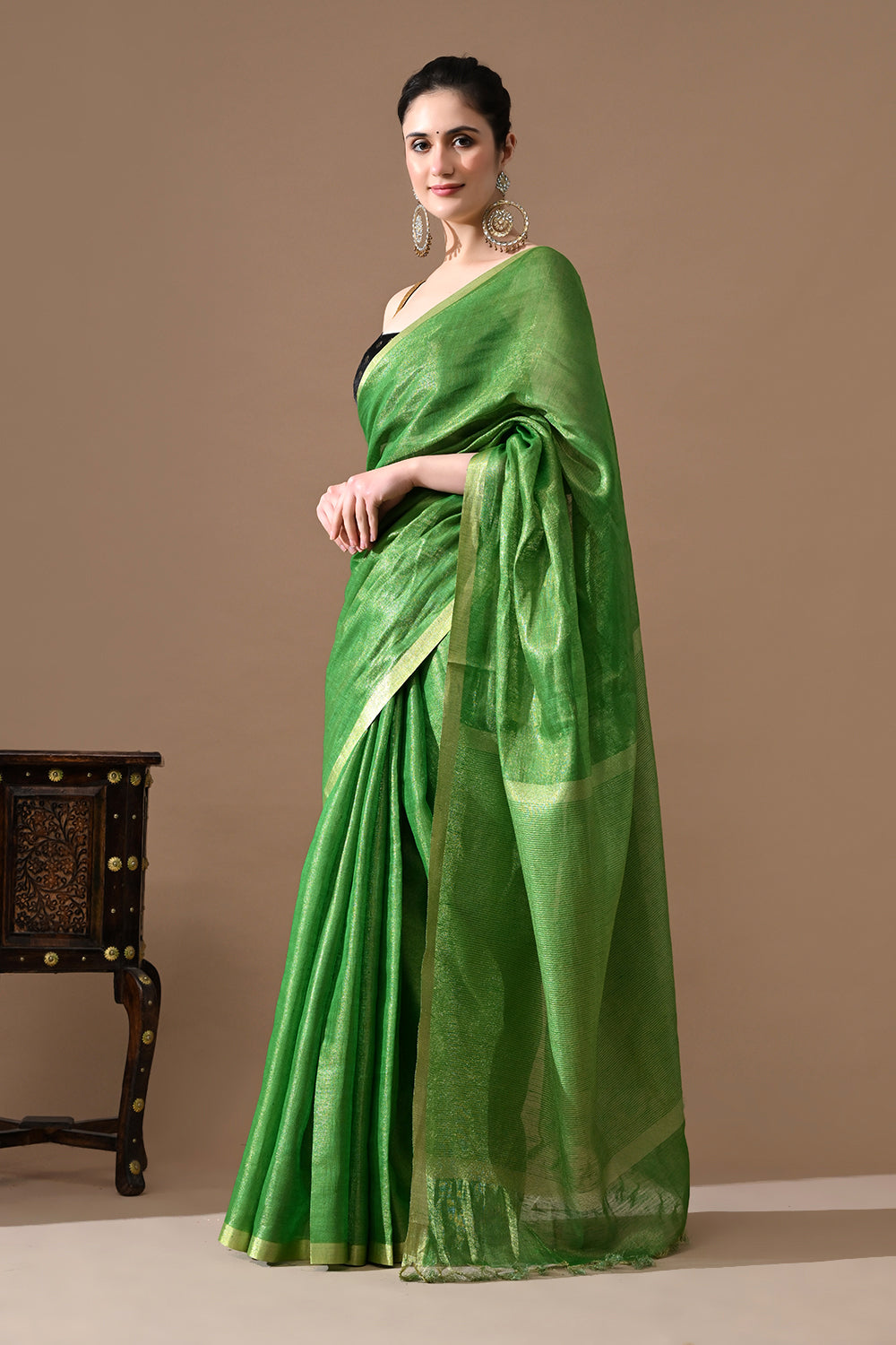 Handwoven Leaf Green Tissue Linen Saree – Bhasha Bharat