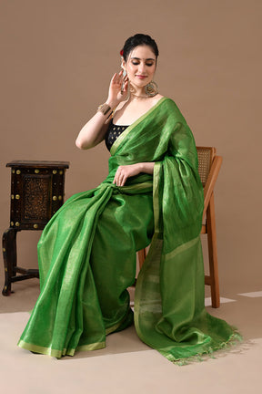 Handwoven Leaf Green Tissue Linen Saree – Bhasha Bharat