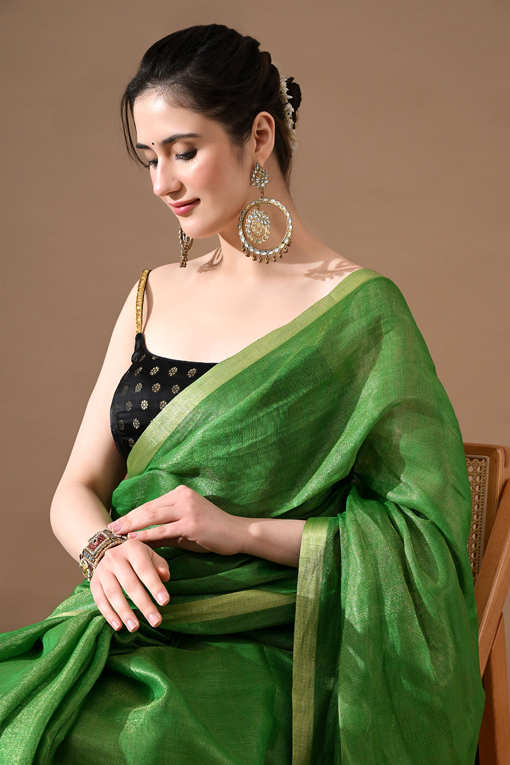 Handwoven Leaf Green Tissue Linen Saree – Bhasha Bharat
