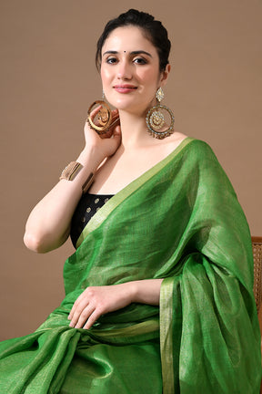 Handwoven Leaf Green Tissue Linen Saree – Bhasha Bharat
