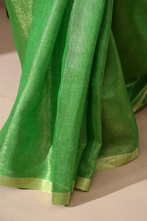 Handwoven Leaf Green Tissue Linen Saree – Bhasha Bharat