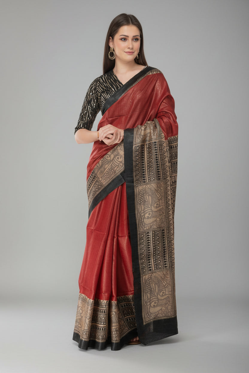 Printed Black and Marron Tussar Giccha Saree