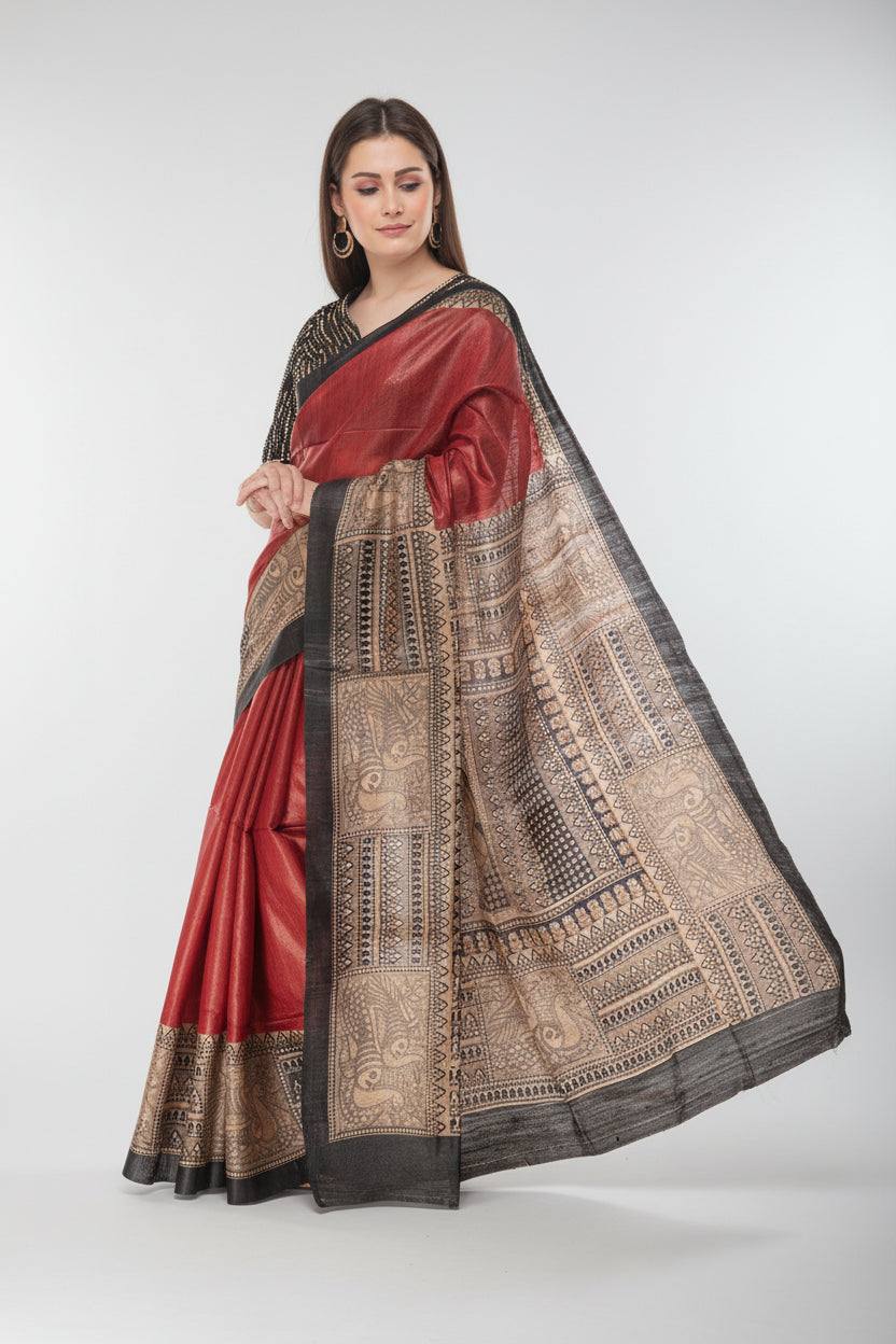 Printed Black and Marron Tussar Giccha Saree