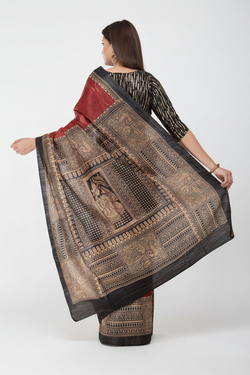 Printed Black and Marron Tussar Giccha Saree