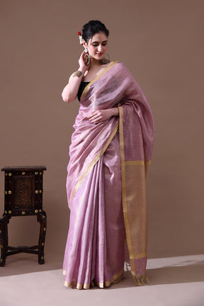 Handwoven Lavender Tissue  Linen Saree – Bhasha Bharat