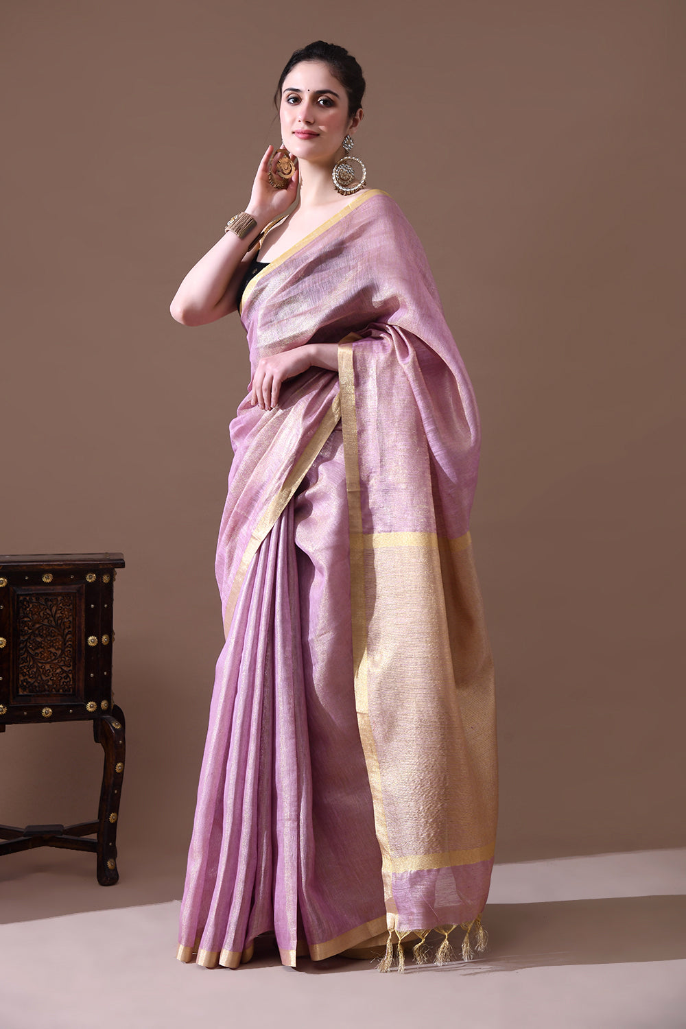 Handwoven Lavender Tissue  Linen Saree – Bhasha Bharat
