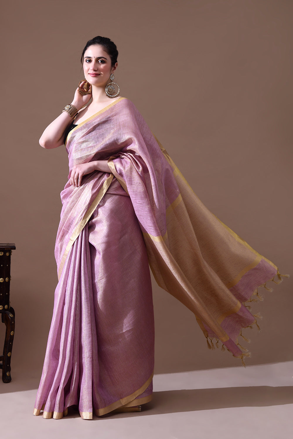 Handwoven Lavender Tissue  Linen Saree – Bhasha Bharat