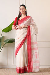 The Beauty of Bengal: White Bengal Cotton Saree with Red Border