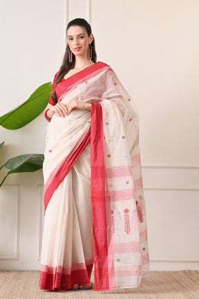 The Beauty of Bengal: White Bengal Cotton Saree with Red Border