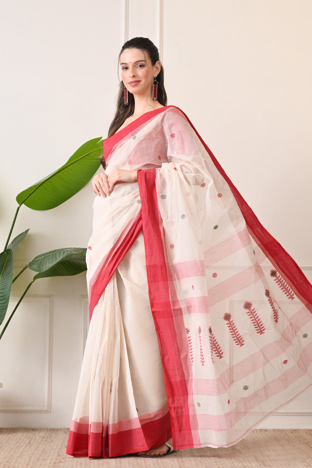 The Beauty of Bengal: White Bengal Cotton Saree with Red Border