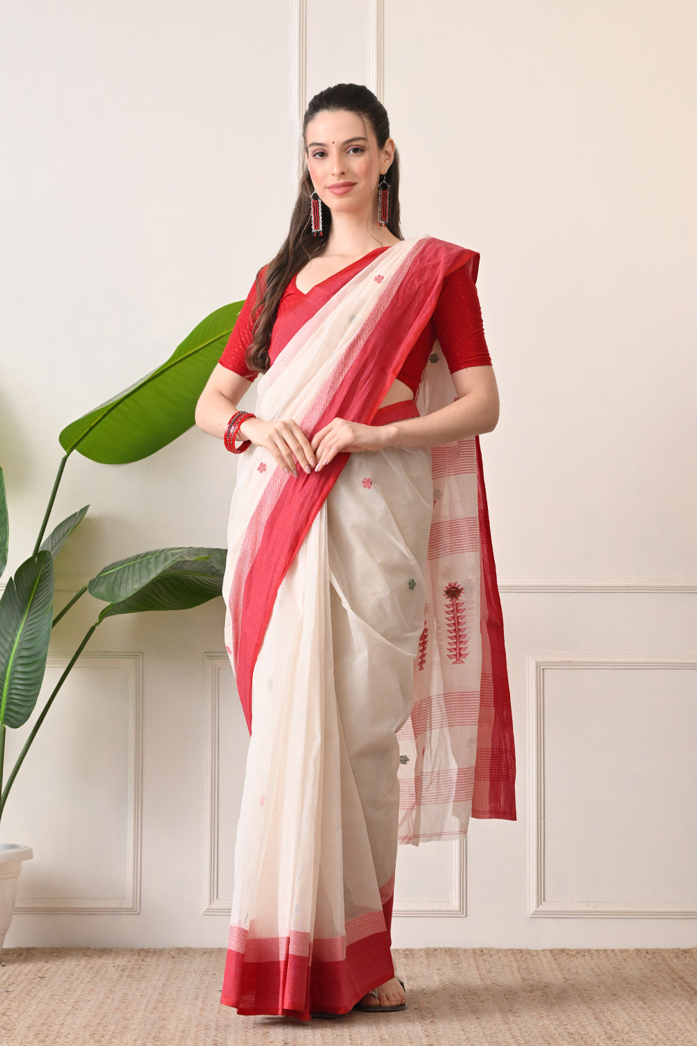 The Beauty of Bengal: White Bengal Cotton Saree with Red Border