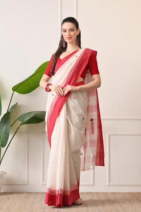 The Beauty of Bengal: White Bengal Cotton Saree with Red Border