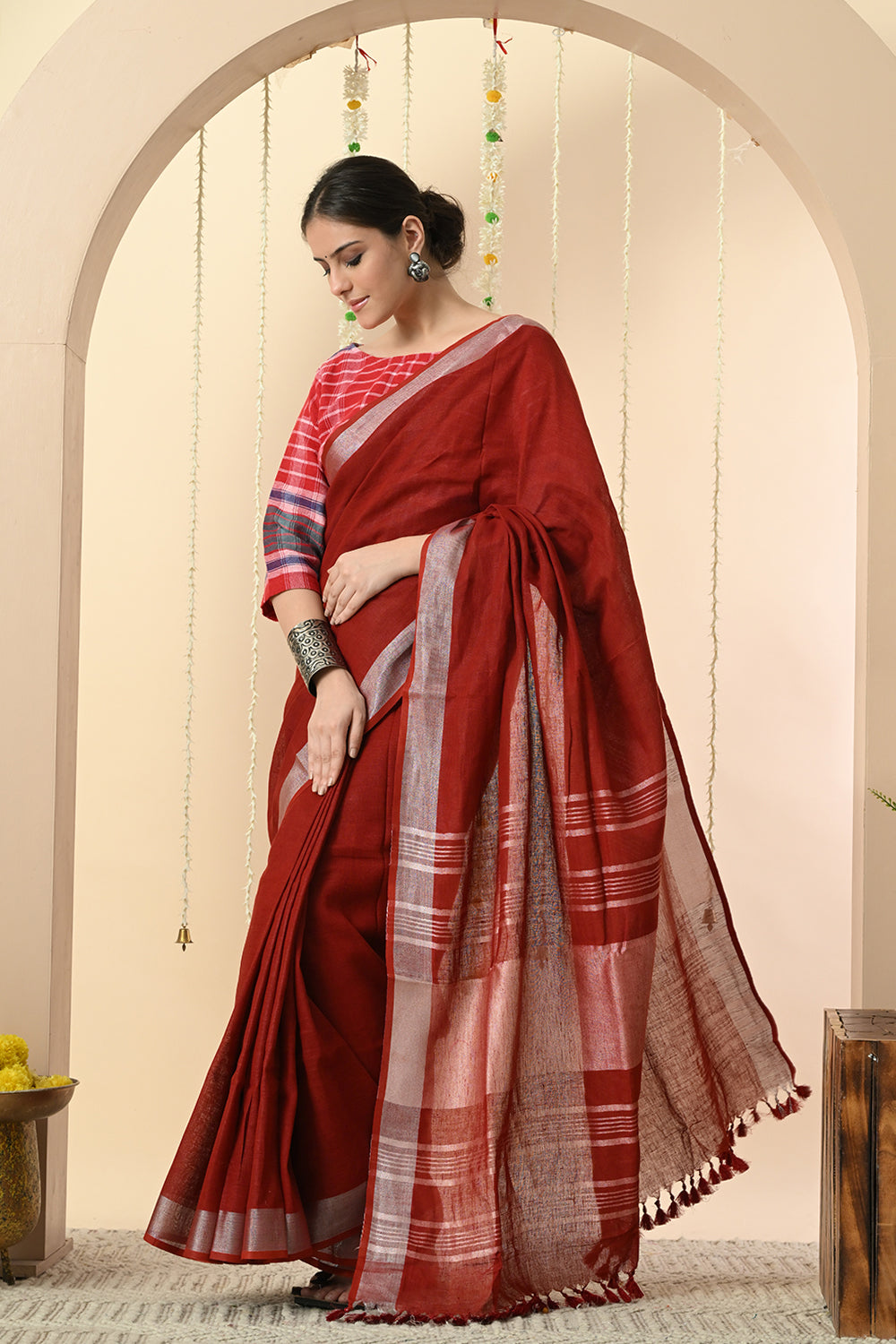 Radiant Red: Organic Linen Dyed Linen Saree with Manjishtha
