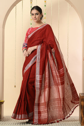 Radiant Red: Organic Linen Dyed Linen Saree with Manjishtha