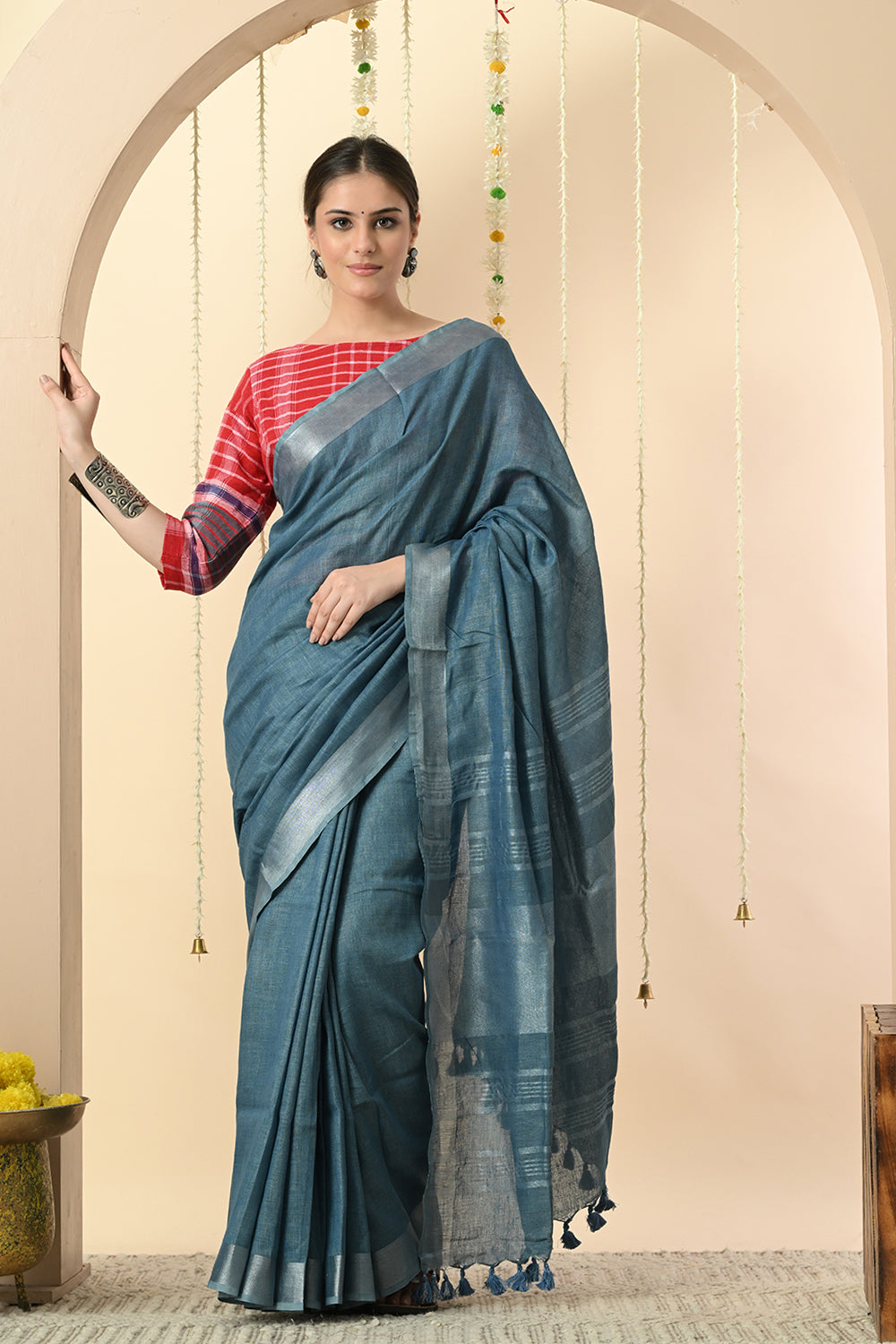 Blissful Blues: Organic Indigo Dyed Linen Saree