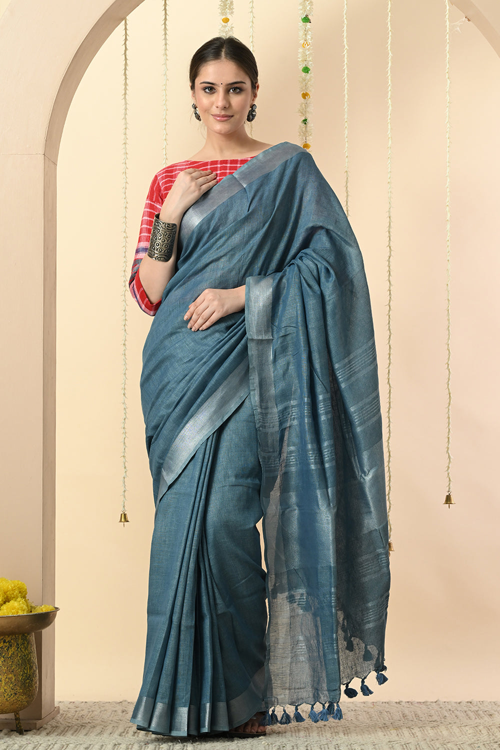 Blissful Blues: Organic Indigo Dyed Linen Saree