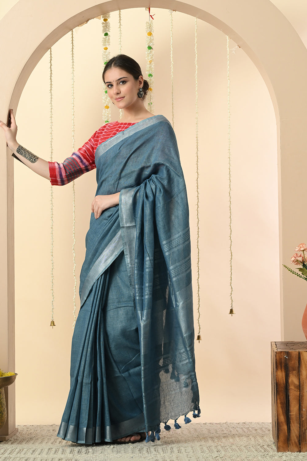 Blissful Blues: Organic Indigo Dyed Linen Saree