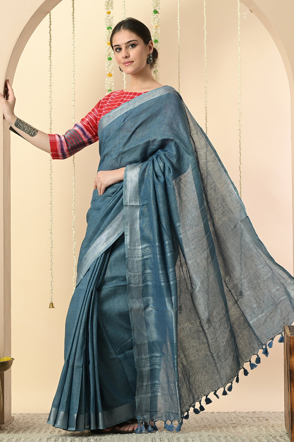 Blissful Blues: Organic Indigo Dyed Linen Saree